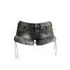 Y2k Spice Girl Washed Retro Fluff Splicing Rivet Denim Shorts Women's Low Waist Wide Leg Hot Pants