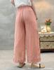 2026 Spring/Summer Women's Linen Straight-Leg Pants with Elastic Waist and Retro Embroidery Hem - Casual and Versatile Solid Color Long Pants