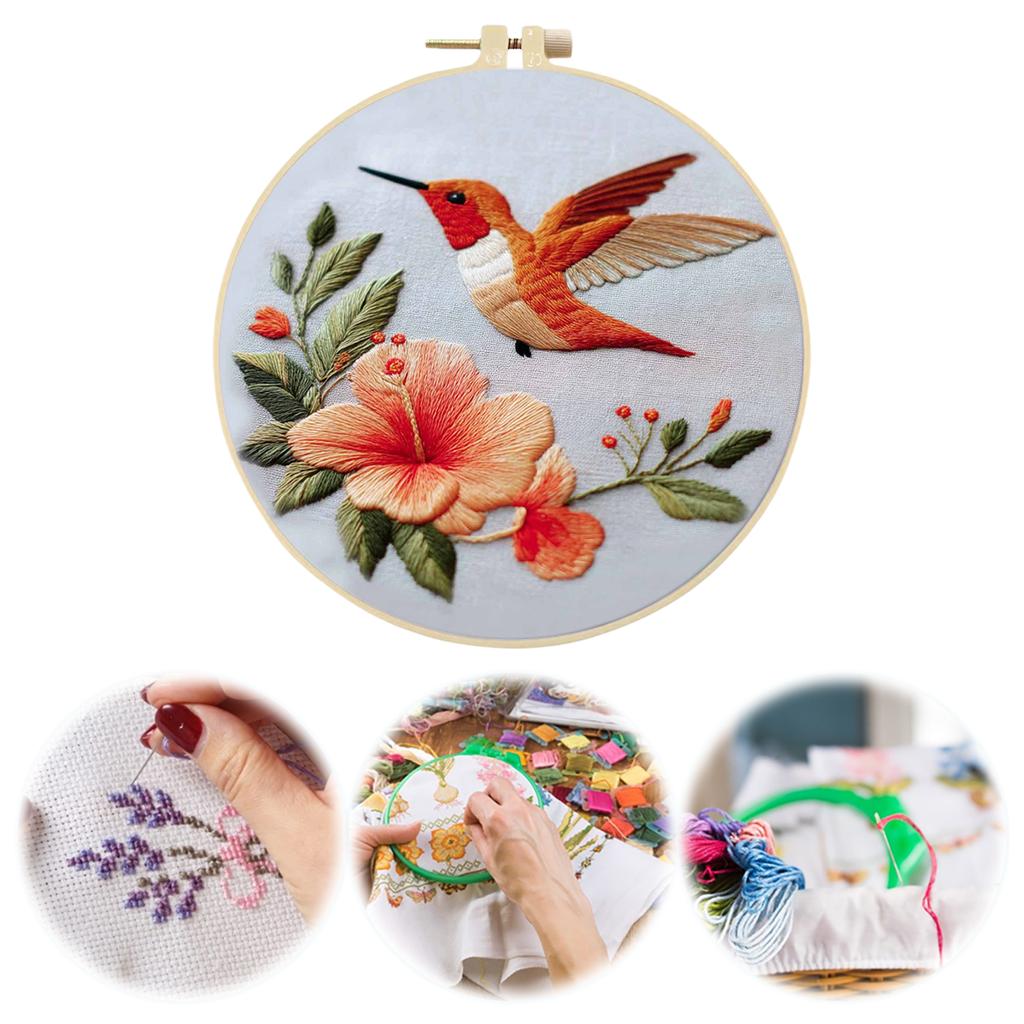 DIY Hummingbird Embroidery Set for Craft Lover Hand Stitch Printed Cross Stitch Set with Embroidery Hoop and Instructions
