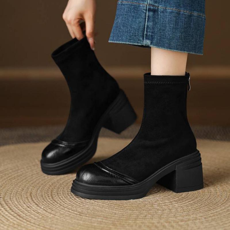 New Women's Elastic Suede Medium Boots Solid Color Thick-soled Large-size Women's Boots Rear Zipper Round Head Autumn and Winter Martin Boots