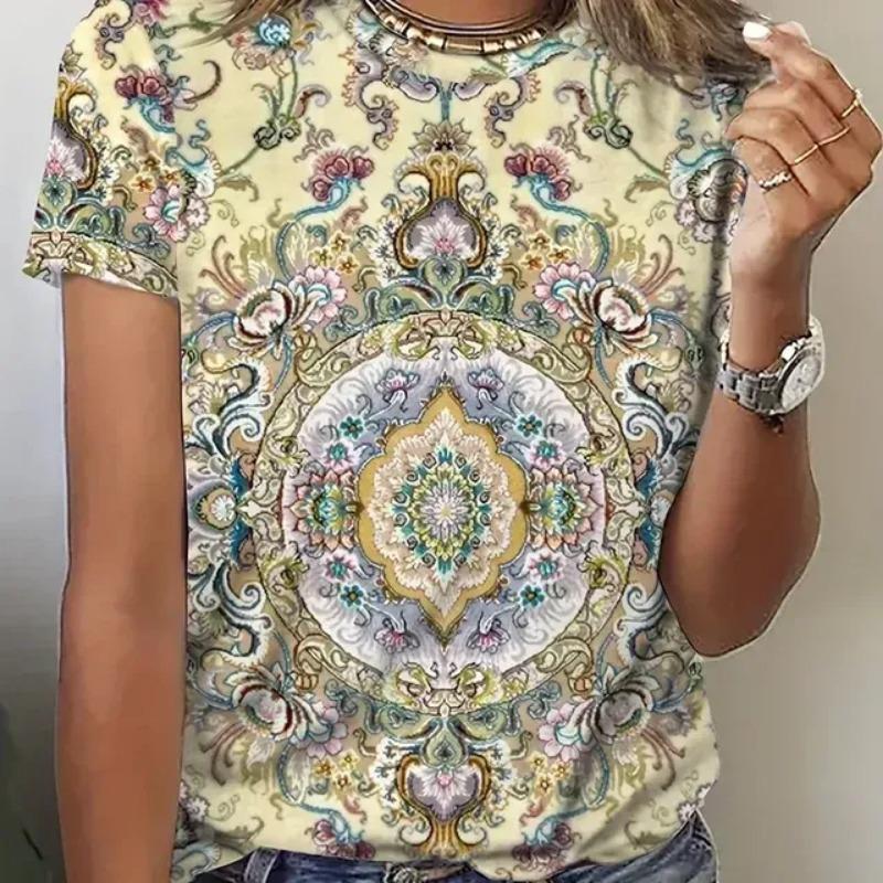 2024 Damen-T-Shirt mit Farbblock-Print, lässig, Rundhalsausschnitt, kurzärmliges Oberteil aus Strickstoff, übergroßes Damenkleid