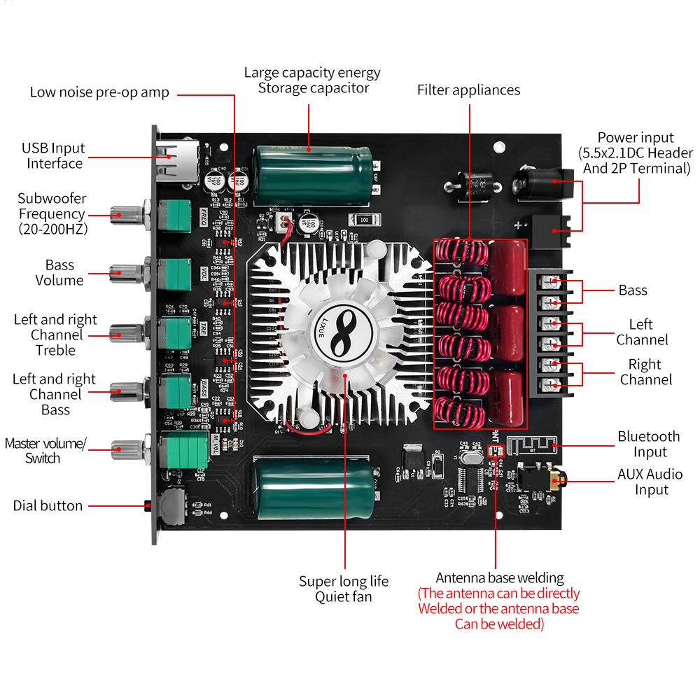 Bluetooth Digital Power Amplifier Board Module TDA7498E160W+160W+220W  High and Low Tone Subwoofer Amplifier AUX/USB ZK-HT21
