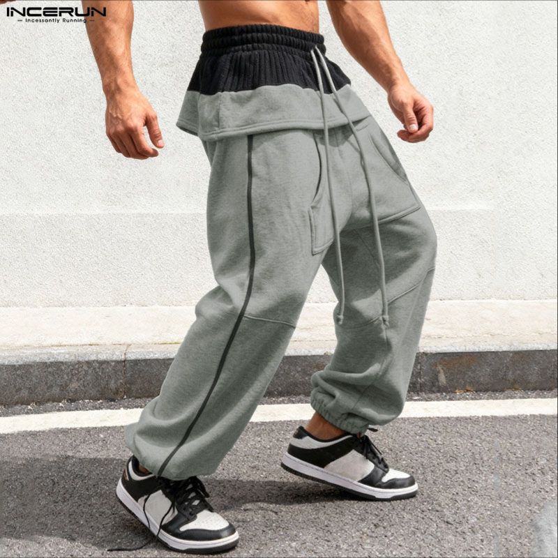 INCERUN Men Ruffled Elastic Waist Casual Long Sports Pants Trousers