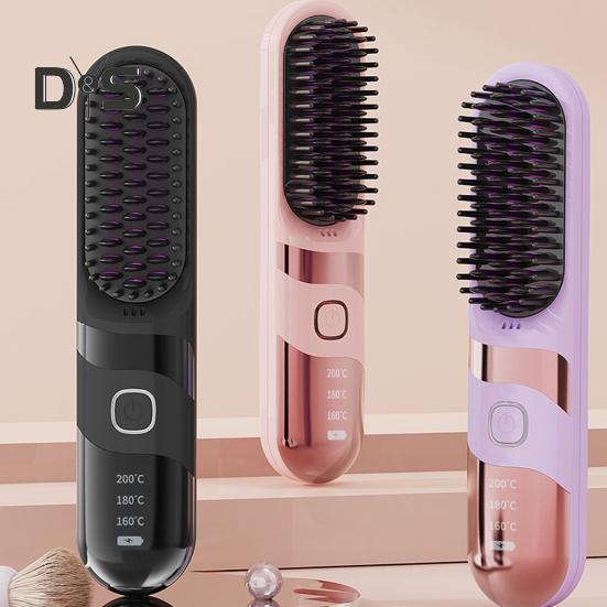 Kabellose Haarglätterbürste, 3 Temperaturmodi, einstellbare LED-Anzeige, schnelles Aufheizen, tragbare elektrische Heißbürste für unterwegs, Styling von lockigem Haar