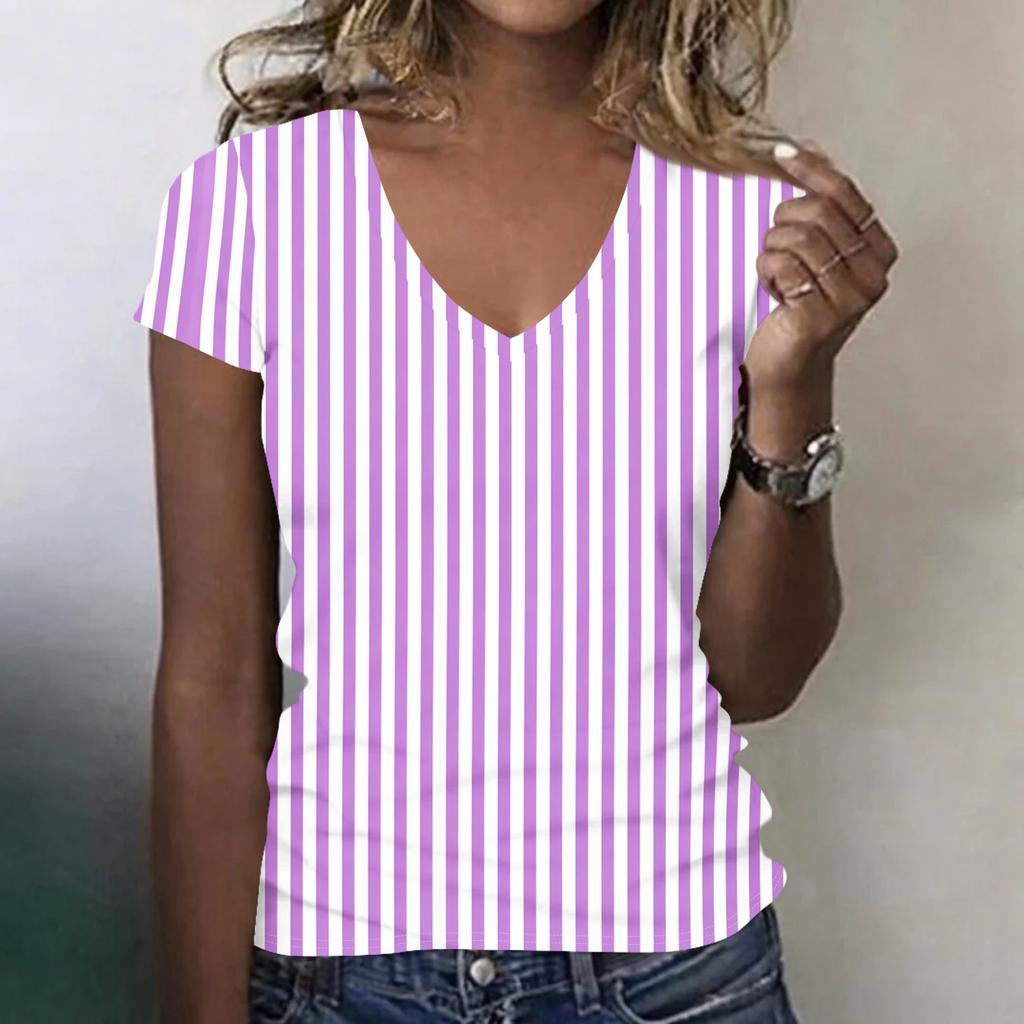 Women's Fashionable Casual V-neck Short-sleeved Striped Print Slim-fit Lightweight T-shirt Top