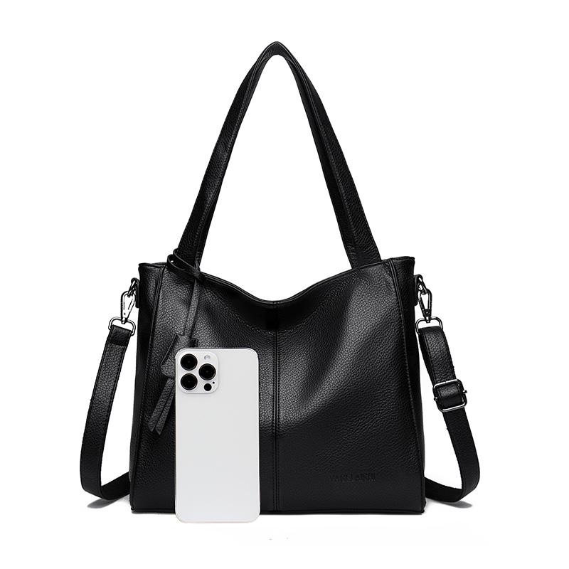 Women's Black Leather Hobo Tote Bag Fashion Shoulder Crossbody Bag Large Capacity Daily Handbag