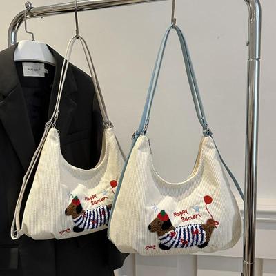 Large Capacity Women's Corduroy Tote Bag Fashion Dachshund Cute  Zipper Shoulder Messenger Bag For Work or Travel