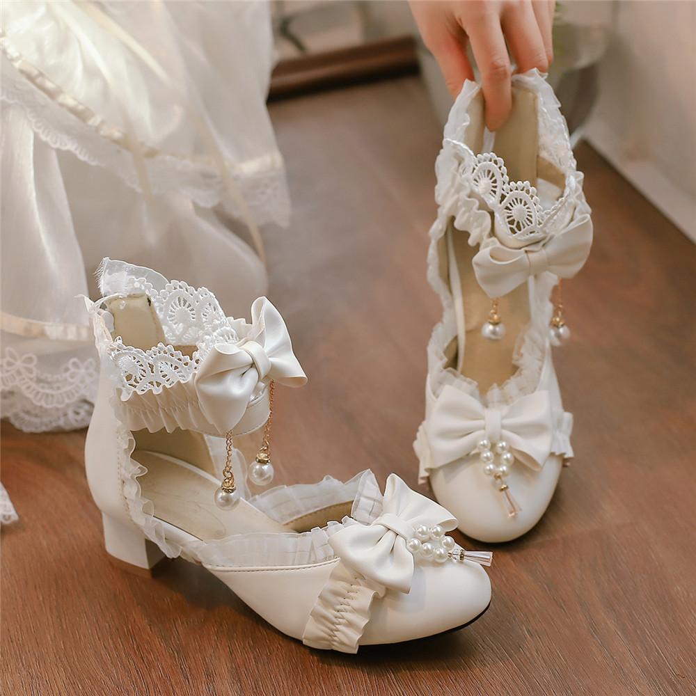 Fashion Spring Summer Women High Heels Mary Jane Pumps Party Wedding White Pink Black String Bead Bow Princess Cosplay Lolita Shoes
