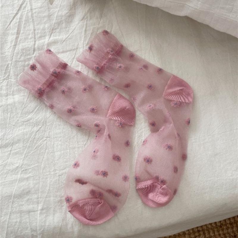 Ultra-thin Transparent Crystal Silk Socks Women Fashion Summer Harajuku Crew Socks Retro Flower Streetwear Elastic Long Socks