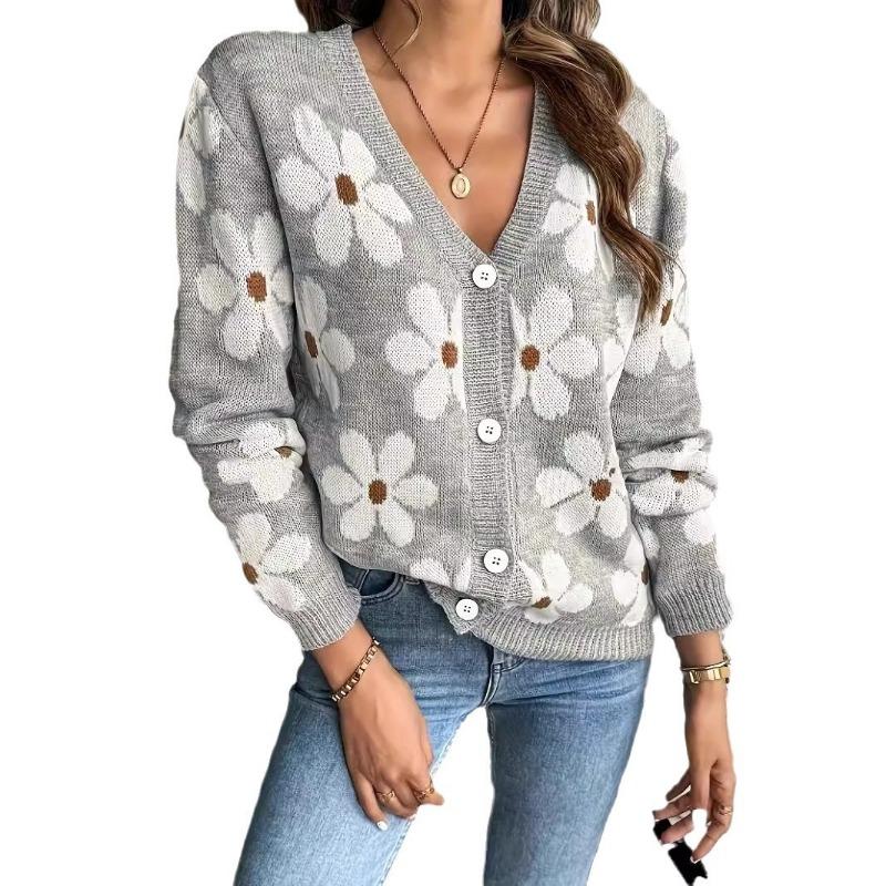Women S V Neck Knitted Cardigan Floral Pattern Sweater Autumn Winter Outerwear