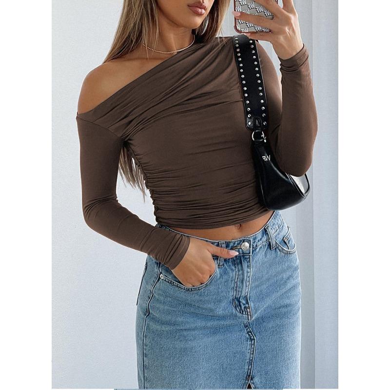 Autumn Base Shirt Slim Fit Pullover Top Slanted Shoulder Long Sleeved Women's T-shirts