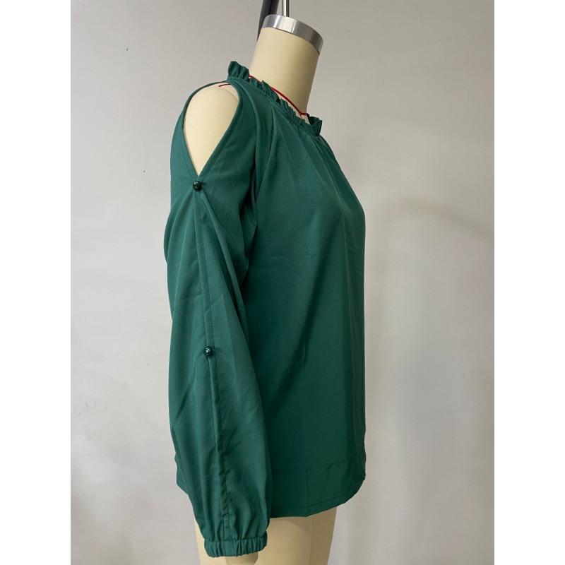 Net Color Lotus Leaf Half-high Collar Long-sleeved Strapless Fashion Chiffon Shirt Burgundy Autumn and Winter Round Neck Long-sleeved Top