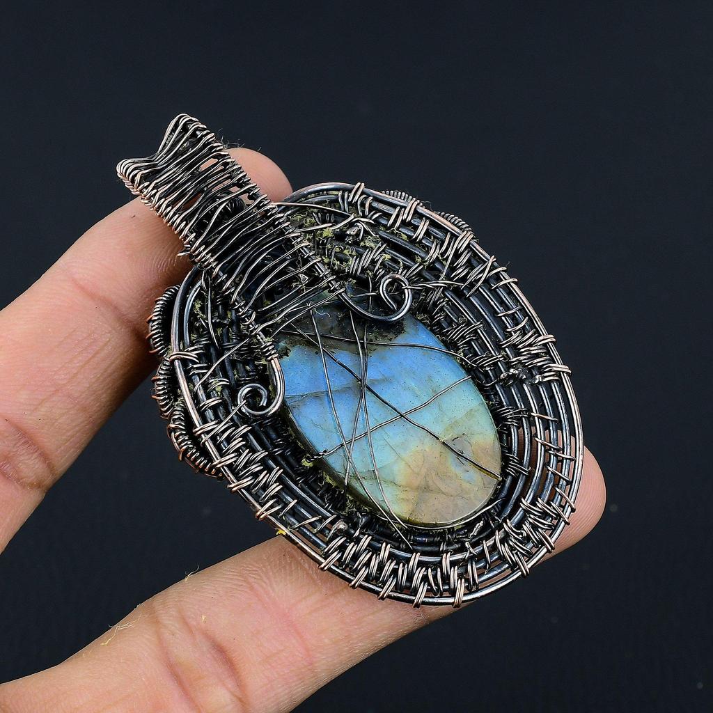 Labradorite Pendant, Handmade Gemstone 999 Copper Wire Wrapped Pendant Antique Jewelry, For Gift Silver Jewelry