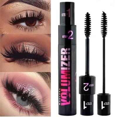 1+2 Mascara Mascara volume a doppio effetto 2-in-1 Sottile Lungo Spessore arricciatura stereoscopica naturale Asciugatura rapida Trucco duraturo Liquido per la crescita delle ciglia