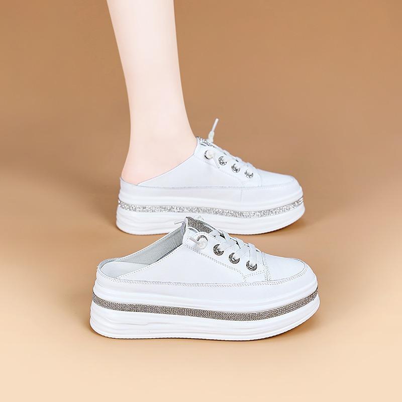 thick-soled muffin, little white shoes, women's outer wear, baotou drag, new fashionable rhinestone, lazy one pedal and half drag