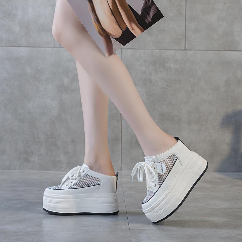 Fashion 12CM Air Mesh Genuine Leather Breathable Sandals Flats Hollow Platform Wedge High Brand Bling Shoes Women Slipper Bling