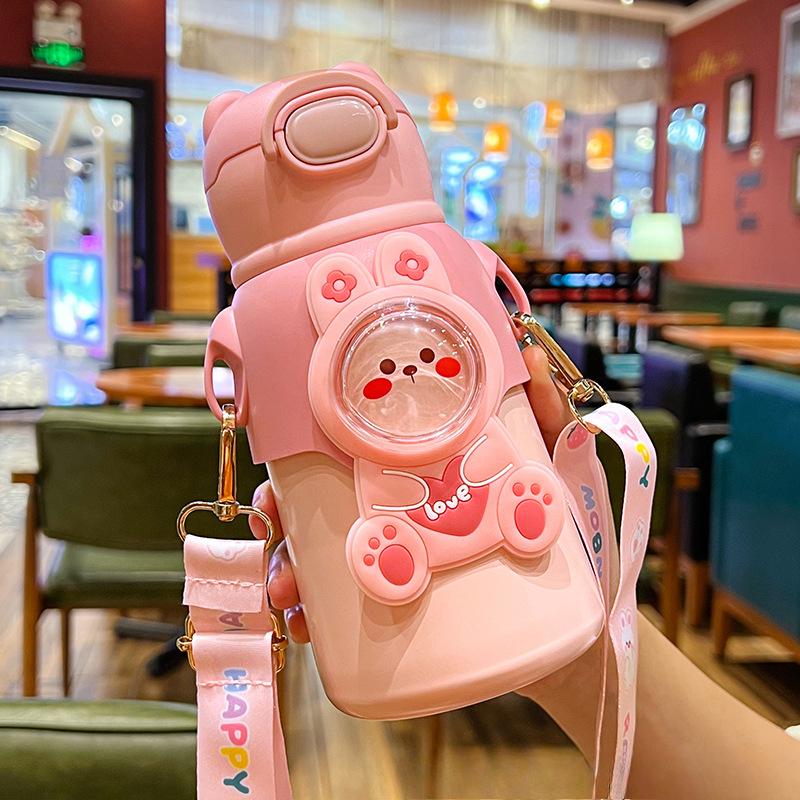 Cartoon-Thermosbecher für Kinder, Baby-Trinkbecher für Männer und Frauen mit Strohhalm, tragbarer, süßer Becher in Lebensmittelqualität für Studenten