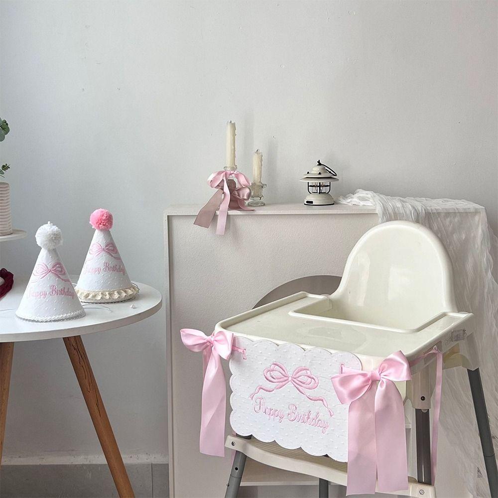 Creative Bowknot One-Year-Old Birthday Cap Pink Blue Embroidery Hanging Banner Ball Lace Edge Birthday Hat First Birthday