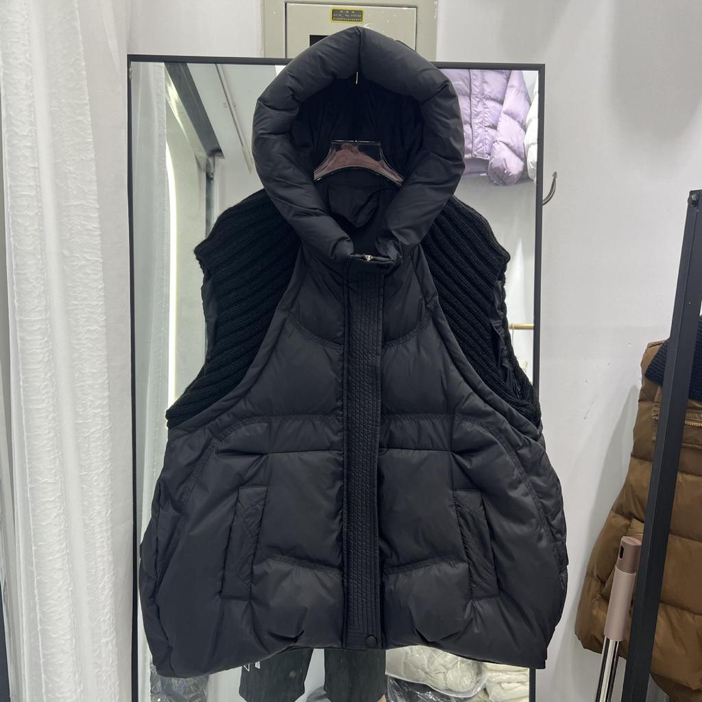 Winter Women White Duck Down Sleeveless Warm Puffer Jacket Casual Loose Knitwear Patchwork Vest Hooded Waistcoat