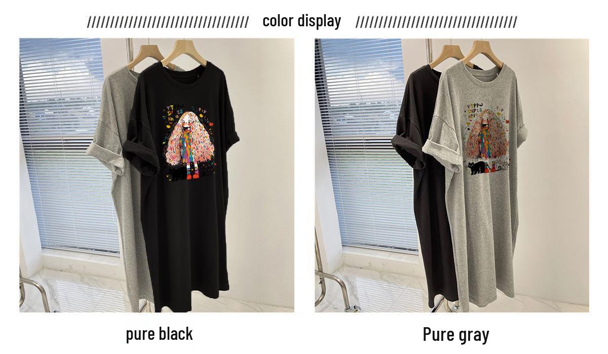 

Women s Grey Casual T-shirt Dress: Mid-length, Loose, Korean Style, Plus Size, Slimming Summer Clothes 3XL (151-165 lbs)