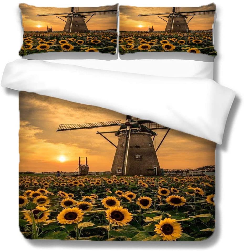 Windmill Duvet Cover Set Farmhouse Style 2/3pcs Bedding Set, Queen/King/Full/Twin Microfiber Quilt Cover for Girls Boys Bedroom