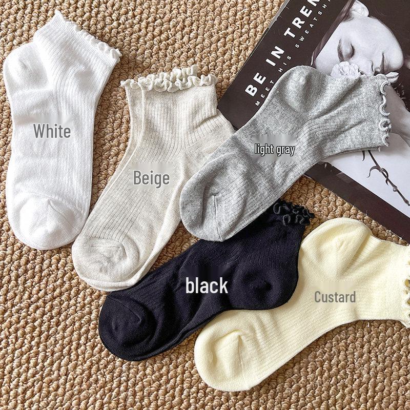 Breathable Summer Mesh Ruffle Edge Cotton Short Socks – Versatile Girly Style One Size чёрный