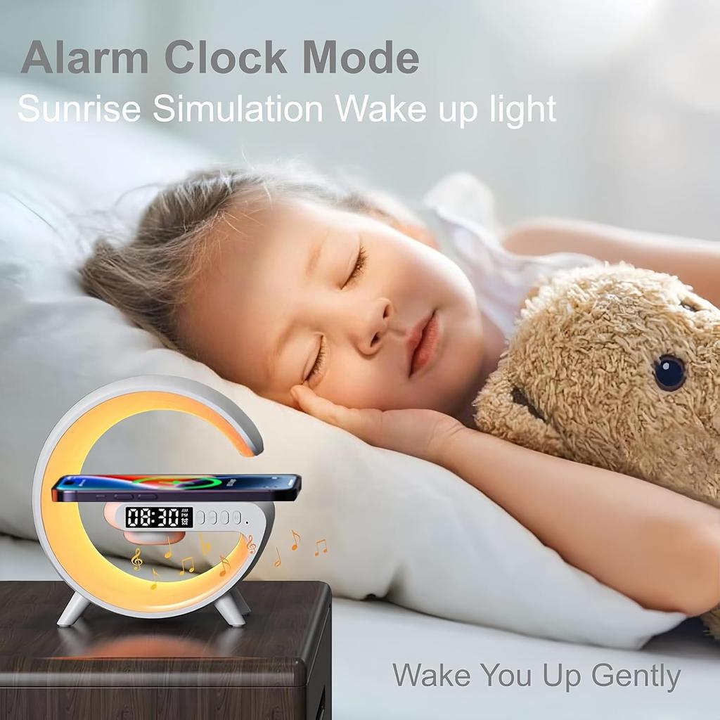 LED Table Lamp with Wireless Charger, Mini G Atmosphere Lamp with Bluetooth Speaker, Night Light Lamp Sunrise Alarm Clock, Smart Light Sound Machine
