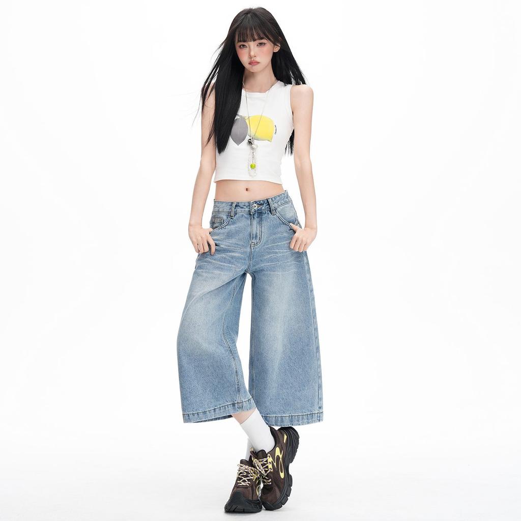 Trendy Summer Vintage Loose Straight Cropped Capri Denim Pants For Women Versatile Slimming AllMatch Basic Denim Bottoms