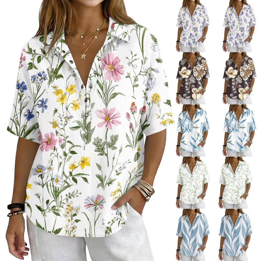Damen Mode Polo Kragen Knopf Vintage Blumendruck Locker Geschnitten Kurzarm T-Shirt Leinenmischung Lässiges Oberteil für den Sommer