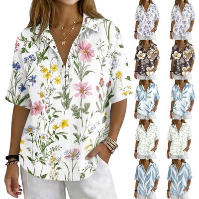 Women's Vintage Floral Print Short Sleeve T-Shirt with Collar and Button Front, Loose Fit, Cotton-Linen , Great for Daily Wear
