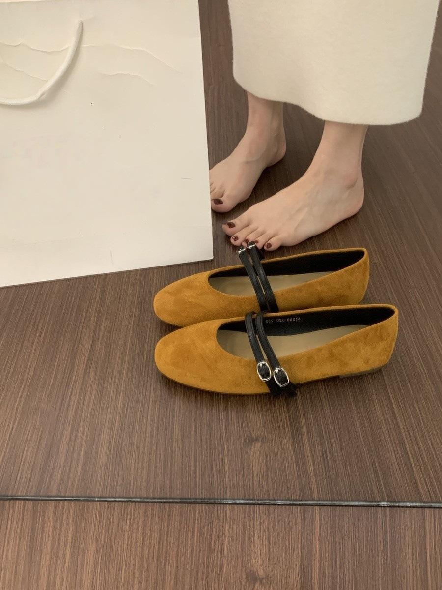 

French retro late evening wind suede round head Mary Jane shoes double row one-word buckle belt shallow mouth flat bottom ballet single shoes women 40 жёлтый