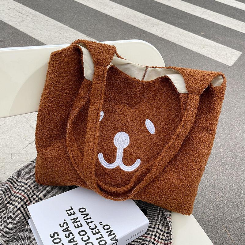 Women Bag Girl Cartoon Plush Shoulder Bag Embroidery Bearshopping Bags Large Capacity Satchel Tote Bookbag For Sutdent