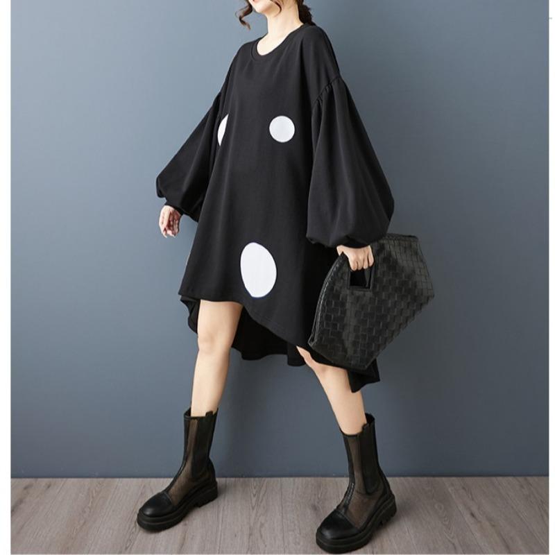 DIMANAF 2025 Women Plus Size Autumn Shirt Dress Loose Casual Oversize Long Sleeve Vintage Dress Black