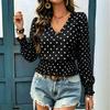 Loose V Neck Polka Dot Print Long Sleeve Casual Women T Shirt