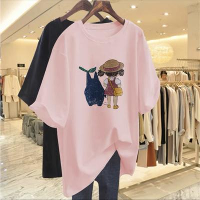 2025 Summer New Cotton Short-sleeved White T-shirt Women's Medium and Long Butt-covering Loose Round Neck Printed Top Tide