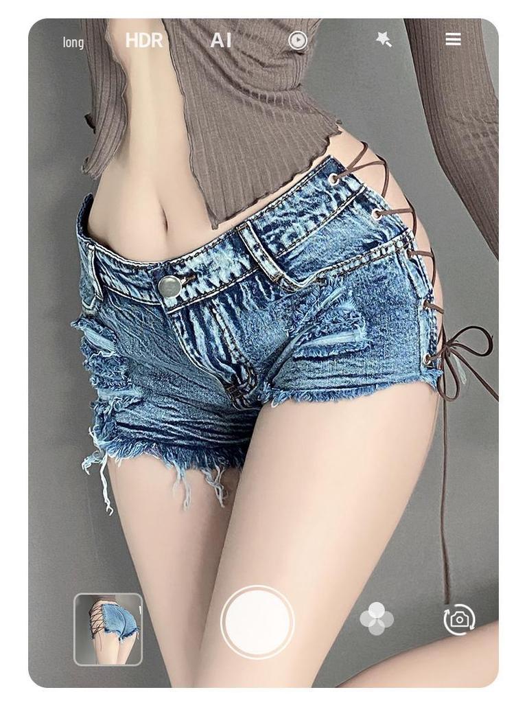 Ripped Denim Open-Crotch Shorts - Sexy Low-Waist Lingerie for Nightclub Temptation