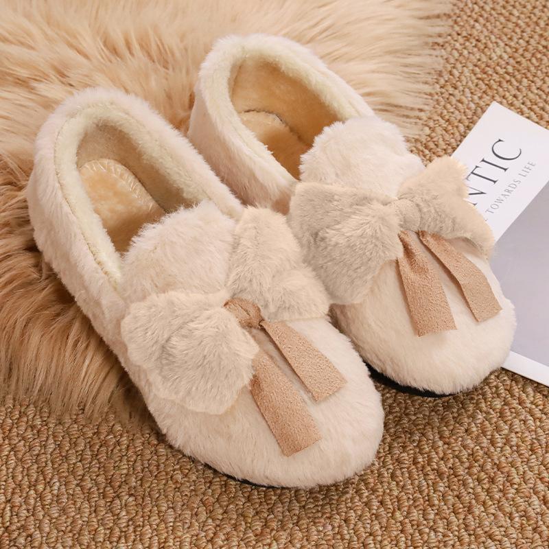 In Autumn and Winter, Women's New Bow-tie Fluffy Shoes with One Foot On Flat-soled Doudou Shoes Wear Thickened and Velvet Warm Cotton Shoes