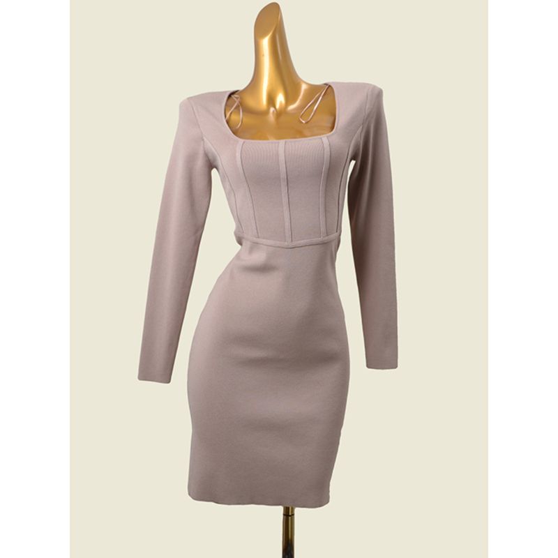 Fashion Style Square Collar Bandage Silm Dress Waist-Tight Early Autumn Sexy U-Collar Knitted Hip Skirt