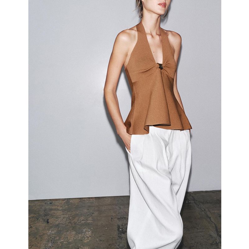 Summer New Women clothes Gold Inlaid A- line Short Skirt Hem Neck Collar Knitted Top 9598012