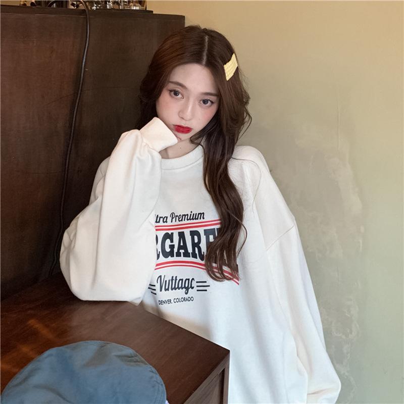 New American retro crew neck sweater men's and women's Korean version English printing lazy wind velvet