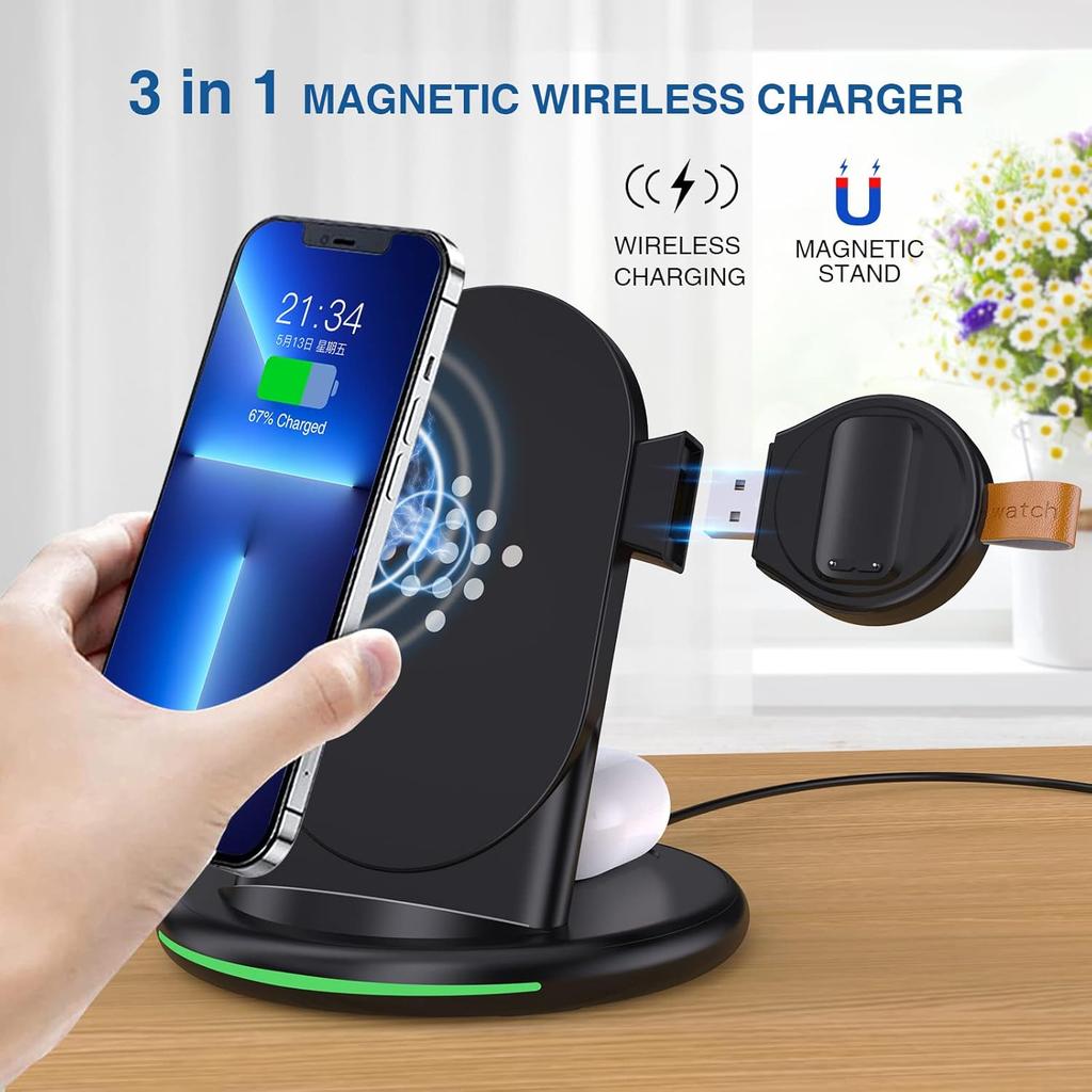 3 in 1 Wireless Charger for Fitbit Charge 6/5/Fitbit Luxe,Wireless Charging Station Compatible for iPhone 14/12 Pro Max/13/11/8, for Samsung Galaxy