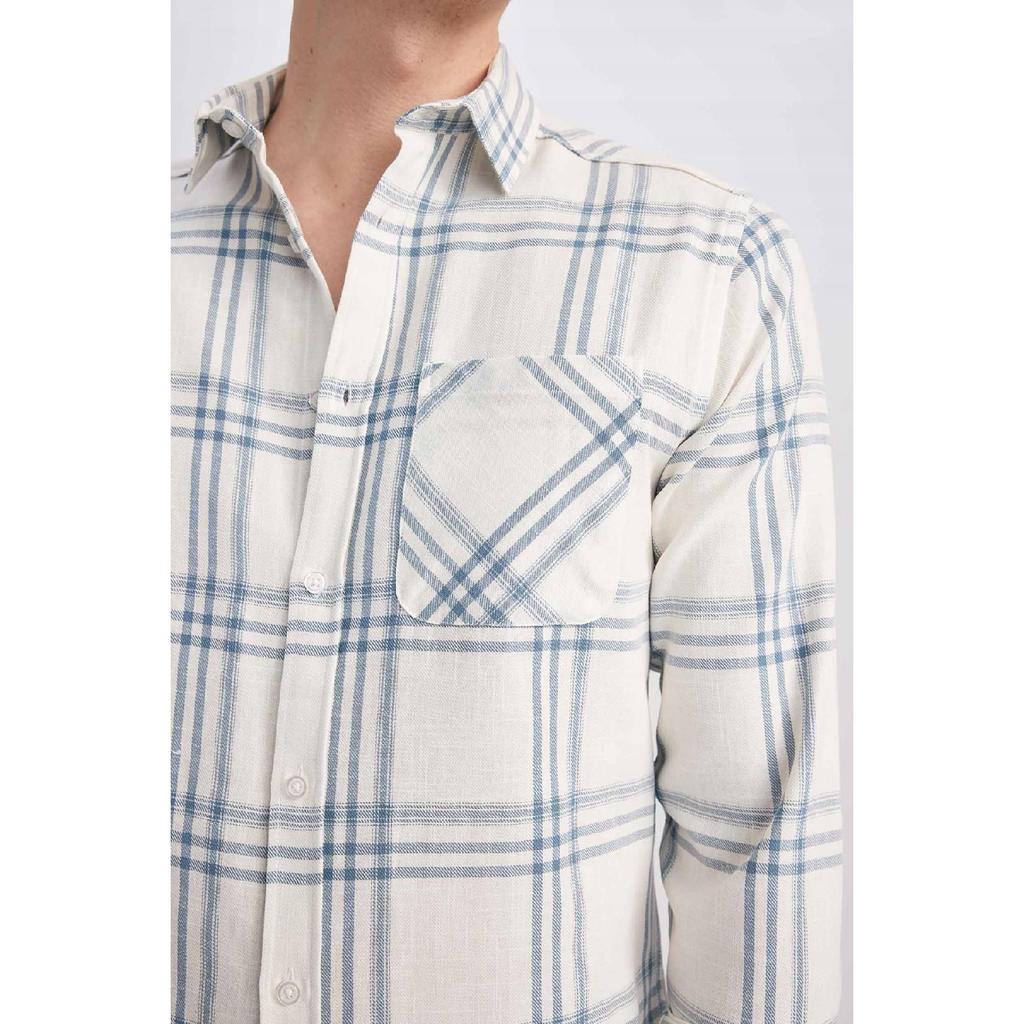 Modern Fit Polo Neck Long Sleeve Checked 100% Cotton Shirt