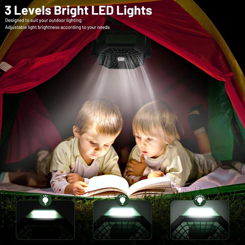 Camping Fan with LED Lantern, Rechargeable Battery Powered Fan with 270°Head Rotation, Stepless Speed for Picnic,Fishing, Travel