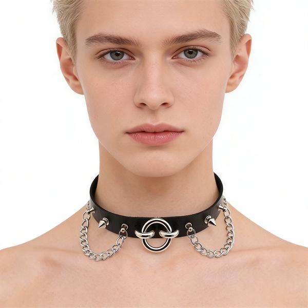Unisex European Punk Black Leather Choker with Metal Chain and Lock Pendant.