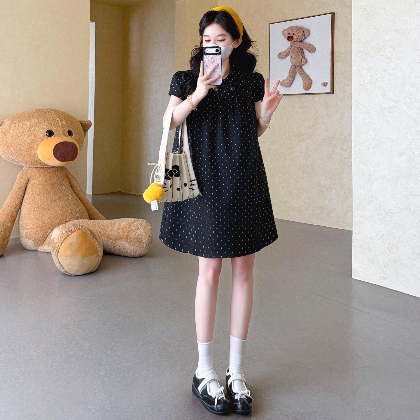 

Retro Polka Dot Maternity Dress with Doll Collar - 2026 Summer Style, Loose Fit Short Skirt M чёрный