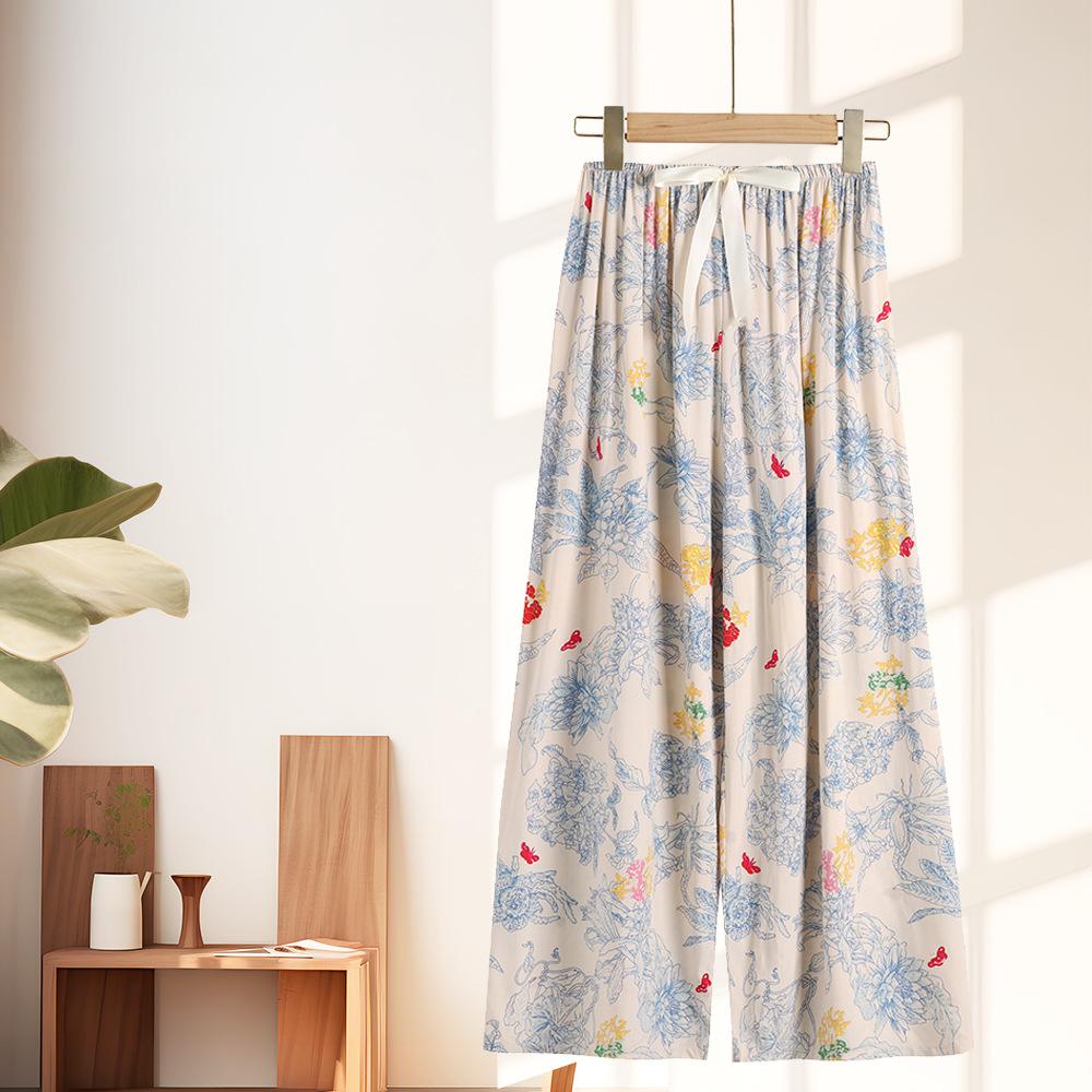 Women's Pajama Bottoms Floral Print Cuff Pants Wide Leg Pj Pants Elastic Waist Sleep Pants Loungewear Nightwear