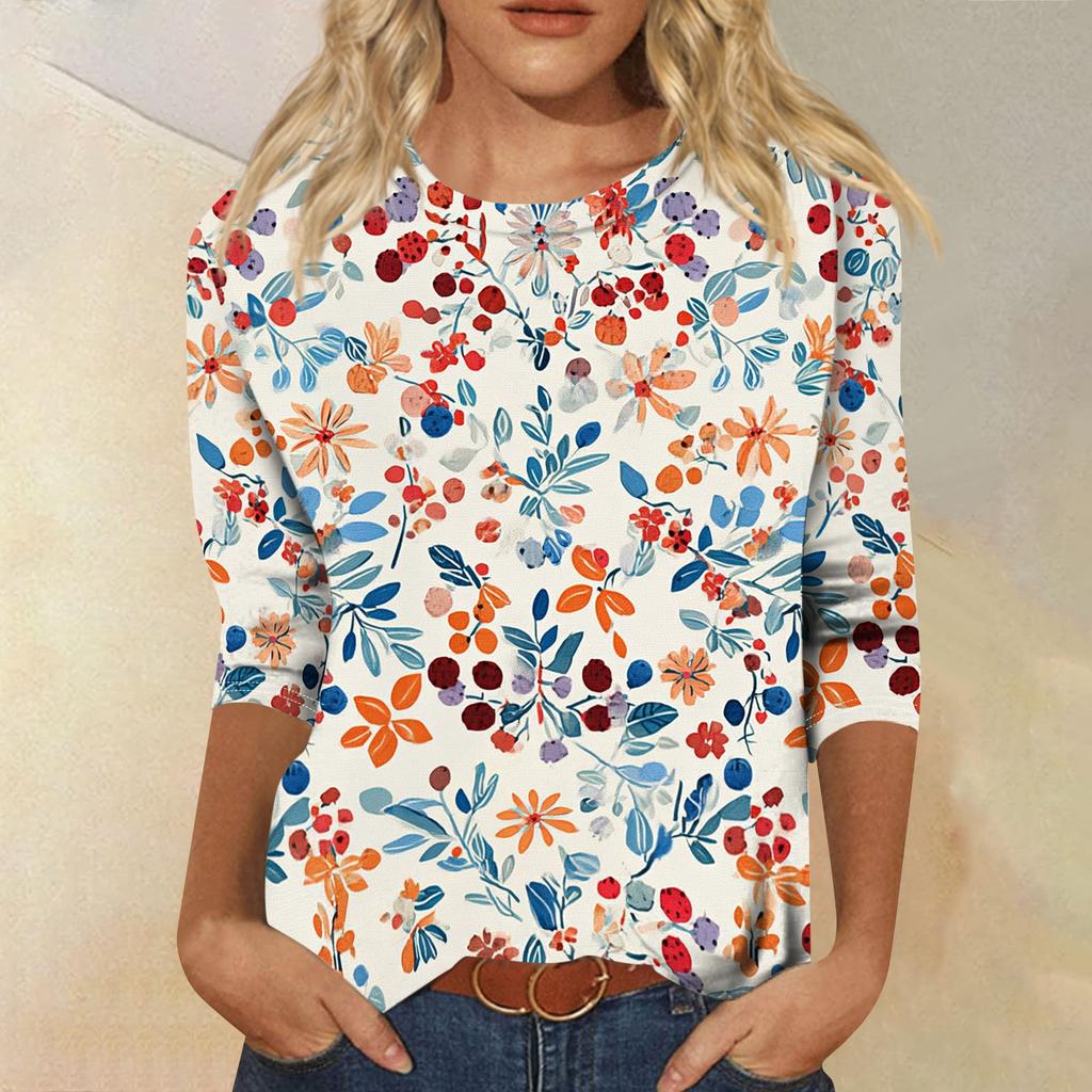 Women's Casual Round Neck Three Quarter Sleeve T Shirt Floral Print Lightweight Comfortable Top for Everyday Wear
