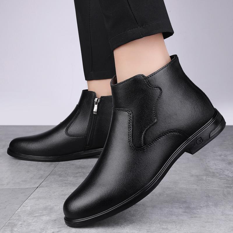 Fashion Genuine Leather Male Basic Boots Side Zipper Men Shoes All-match Men High Top Outdoor Shoes Fashion Men Winter Plush Snow Boots