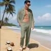 Mens Linen Two Piece Set Long Sleeve Button Down Shirt with Collar and Pocket Relaxed Fit Drawstring Waist Pants Beach Outfit
