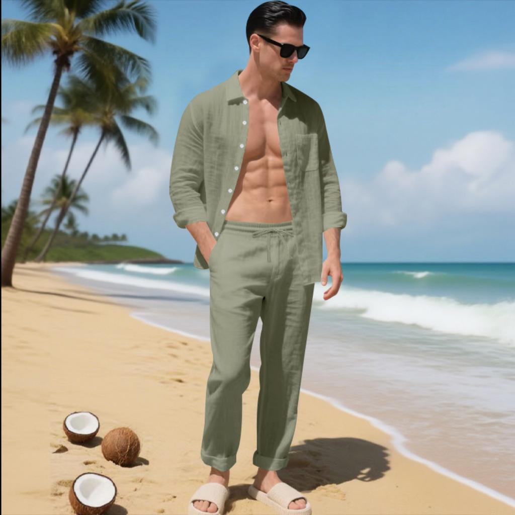 Mens Linen Two Piece Set Long Sleeve Button Down Shirt with Collar and Pocket Relaxed Fit Drawstring Waist Pants Beach Outfit